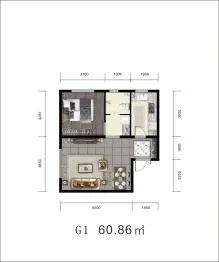 雅和佳园1室1厅1厨1卫建面60.86㎡