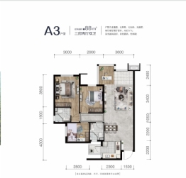 鸿通·桃李清华3室2厅1厨2卫建面88.00㎡