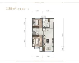 龙湖天璞2室2厅1厨1卫建面88.00㎡