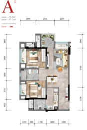 旭辉上城2室2厅1厨1卫建面73.50㎡