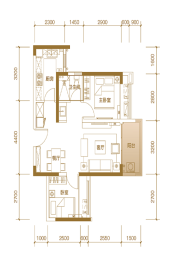 中洲河谷花园2室2厅1厨1卫建面68.00㎡