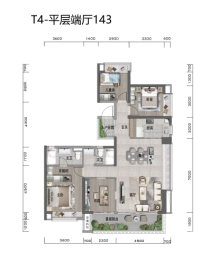 万达中央公园4室2厅1厨2卫建面143.00㎡