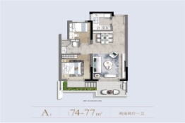 未来城壹号2室1厅1厨1卫建面74.00㎡