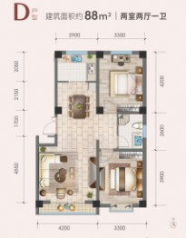 东湖金岸2室2厅1厨1卫建面88.00㎡