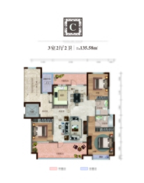 名门福邸3室2厅1厨2卫建面135.58㎡