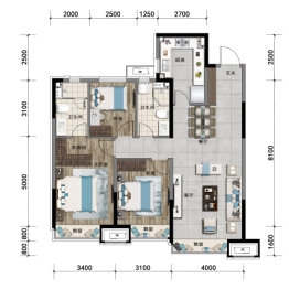 美的润东府3室2厅1厨2卫建面120.00㎡