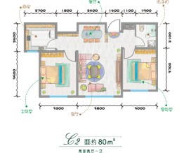 蓝天·芳草地2室1厅1厨1卫建面80.00㎡