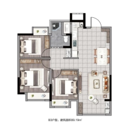 海畔东方城3室2厅1厨1卫建面89.00㎡