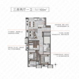 万科·壹都会3室2厅1厨1卫建面105.00㎡