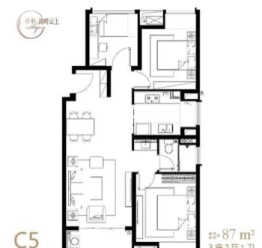 保利湖畔云上3室2厅1厨1卫建面87.00㎡