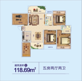 华旗绿洲5室2厅1厨2卫建面118.69㎡