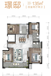 中海凯旋门4室2厅1厨2卫建面135.00㎡