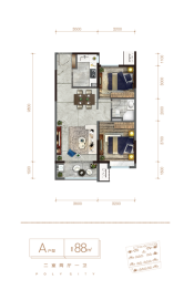 保利城2室2厅1厨1卫建面88.00㎡