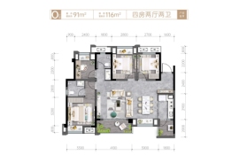 中建·御湖壹号4室2厅1厨2卫建面116.00㎡