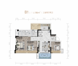 铂悦世家3室2厅1厨2卫建面86.00㎡