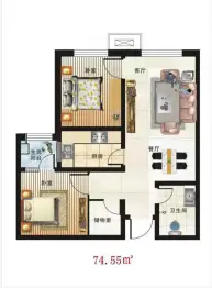 海鸿居然之家2室2厅1厨1卫建面74.55㎡