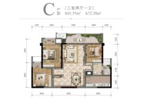 金科棠悦府高层C户型建面约91.55平