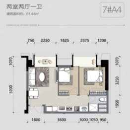 博雅金融广场2室2厅1厨1卫建面61.44㎡