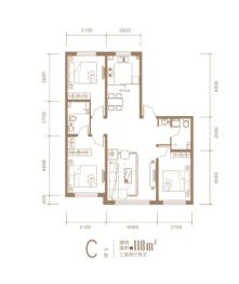 米澜国际三期3室2厅1厨2卫建面118.00㎡
