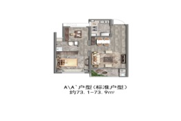 奉发宝龙广场2室1厅1厨1卫建面73.10㎡