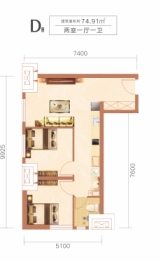 华远·海蓝和光公寓2室1厅1厨1卫建面74.91㎡