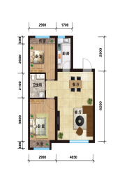 宇都天润2室1厅1厨1卫建面77.00㎡