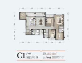 飞洋·学府蘭郡5室2厅1厨2卫建面115.41㎡