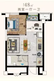 中华城时代life2室1厅1厨1卫建面48.00㎡