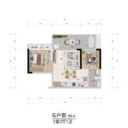 百盈御泉湾2室2厅1厨1卫建面56.00㎡