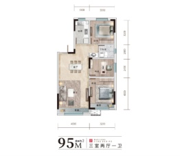 万隆伟业京学府3室2厅1厨1卫建面95.00㎡