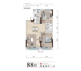 万隆伟业京学府2室2厅1厨1卫建面88.00㎡