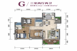 紫云府3室2厅1厨2卫建面91.41㎡