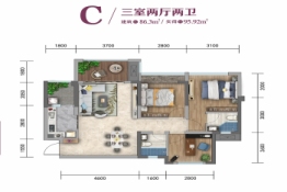 紫云府3室1厅1厨2卫建面86.30㎡