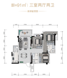 万为滨江壹号院3室2厅1厨2卫建面91.00㎡