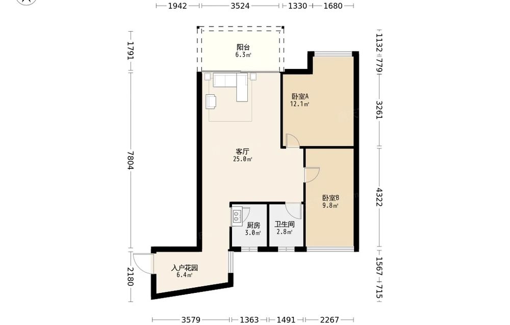火车站旁香樟国际2室1卫2厅75平中装修1850元月