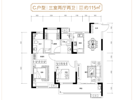 武汉玲珑府3室2厅1厨2卫建面115.00㎡