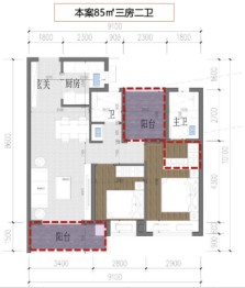 灯湖首府2室2厅1厨2卫建面85.00㎡