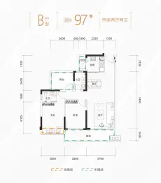 富辰悦府2室2厅1厨2卫建面97.00㎡