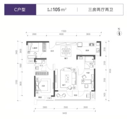 东湖风光3室2厅1厨2卫建面105.00㎡