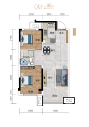 东升·鸿璟园2室2厅1厨1卫建面80.00㎡