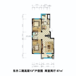 东升花园二期2室2厅1厨1卫建面87.00㎡