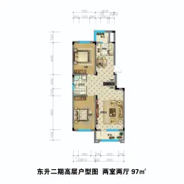 东升花园二期2室2厅1厨1卫建面97.00㎡