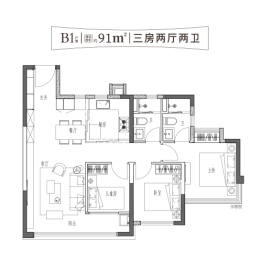 中海·左岸澜庭3室2厅2卫建面91.00㎡