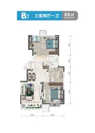 中交上东湾3室2厅1厨1卫建面88.00㎡