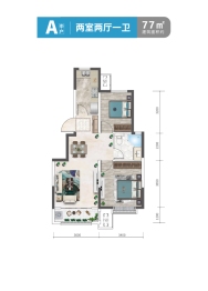 中交上东湾2室2厅1厨1卫建面77.00㎡