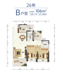 鑫洲·湖心岛1号2室2厅1厨2卫建面106.00㎡