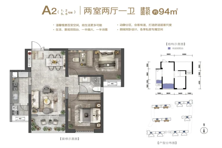 首钢·贵州之光A2户型94㎡2室2厅1卫1厨94.00㎡-贵阳房天下