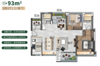建面约93平两房户型