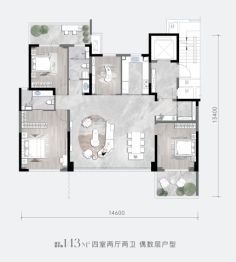 龙翔·奥城云玺4室2厅1厨2卫建面143.00㎡