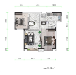 云锦书院2室2厅1厨1卫建面90.61㎡